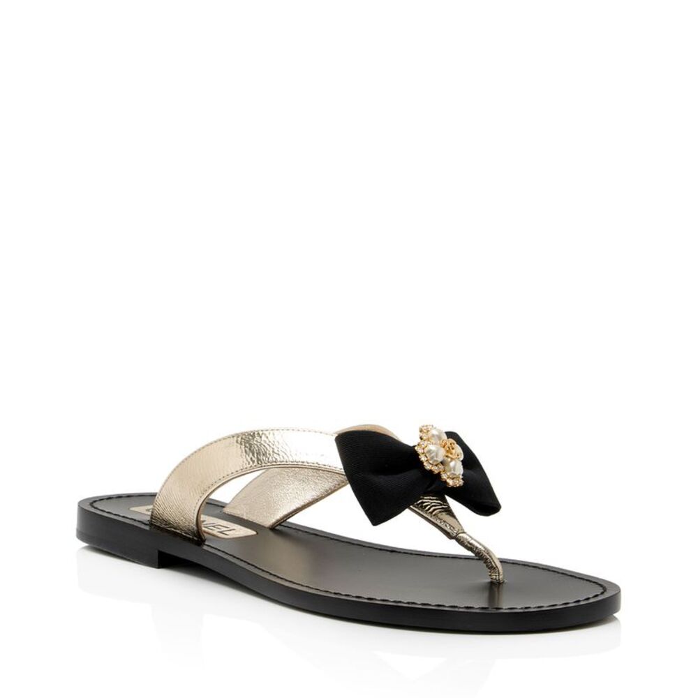 Chanel Metallic Leather Grosgrain Bow CC Thong Sandals - Size 8 / 38